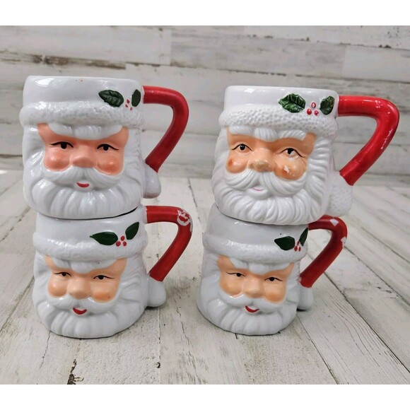 Set Of 4 Vintage Hand Painted Santa Claus Head With Holly Mugs